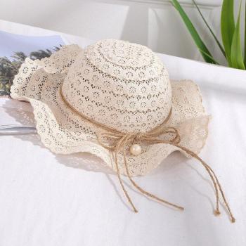 Pearl Decorated Summer Beach Hat for Girls 52-54cm