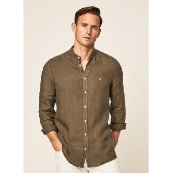 Hackett Lino Verde Oscuro Camisa Slim Fit de Manga Larga