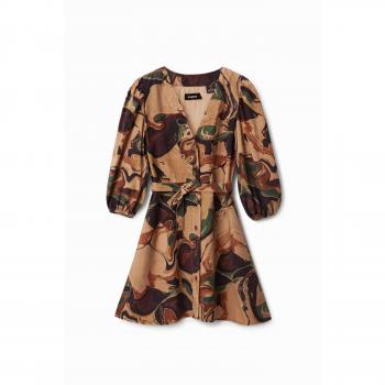 Brown Printed V-Neck Button-Up Shirt Dress for Women