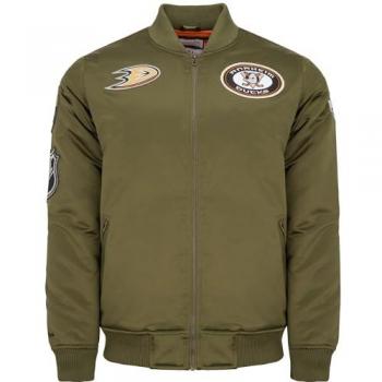 Mitchell & Ness Satin‑Bomber für Herren – „Anaheim Ducks“ Patch, oliv‑grün, L