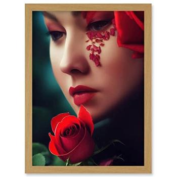 Blue‑Hued Solitude: Woman in Red Rose Garland – A4 Print