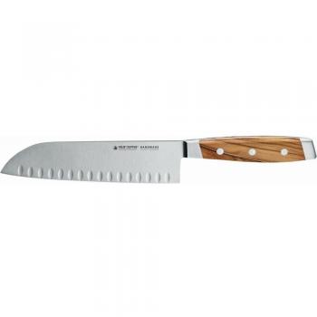 First Class Wood Santoku von Felix Solingen – geschmiedete Klinge, silberfarbener Griff, X50 CrMoV15 Stahl, Kochmesser, Maserung