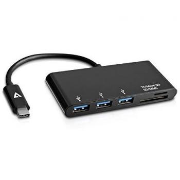 V7 Black USB-C Male to 3 x USB 3.0 A Female Micro SD SD/MMC Adapter