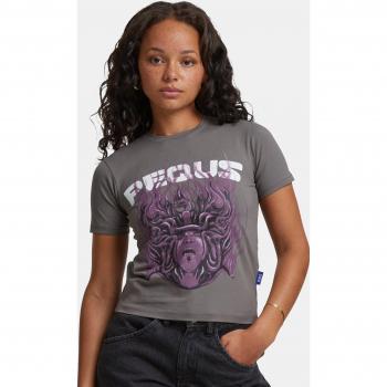 PEQUS Damen T-Shirt mit Medusa Grafik, figurbetonte Passform, grau, Größe XS