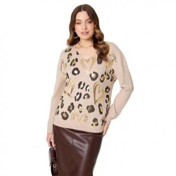 Metallic Heart Pattern Scoop Neck Sweater