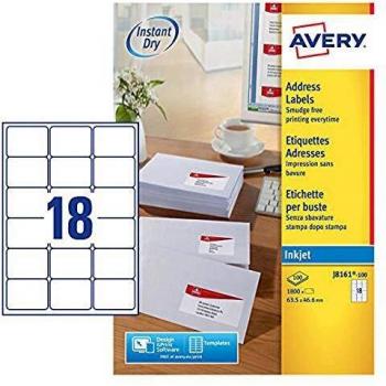 Avery White Inkjet Address Labels 63.5 x 46.6mm 18 Per Sheet (Pack of 1800) J816