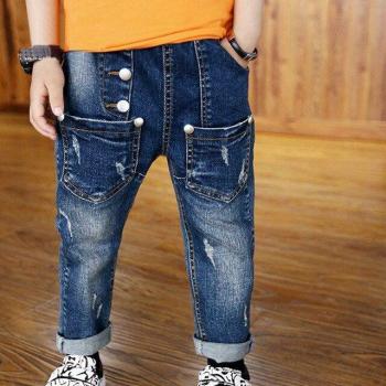 Kids Casual Jeans with Holes and Buttons for 4-12 Year Olds