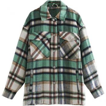 Veste femme verte à carreaux, manteau épais à manches longues avec poches, automne-hiver 3H107