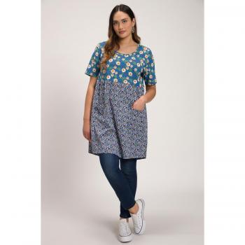Tunica lunga in cotone con stampa a fiori e puntini, Donna, Blu, Taglia 48/50