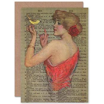 Artery8 Birthday Envelope Set: Blank Inside, Beige Cover, Red Dress & Bird Theme
