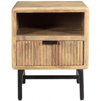 Table de chevet en manguier massif gravé MORISSON avec structure en métal noir L40 cm