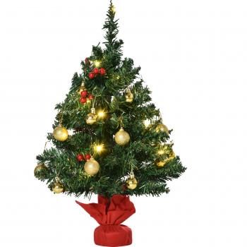 HOMCOM Mini Weihnachtsbaum mit Stechpalmenbeeren, Kugeln & LED-Lichtern, Tischdeko Grün PVC ∅40 x 60 cm