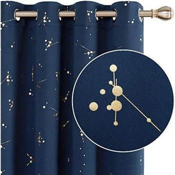 Deconovo Gold Constellation Printed Thermal Insulated Curtains, 46 x 54 Inch, Navy Blue