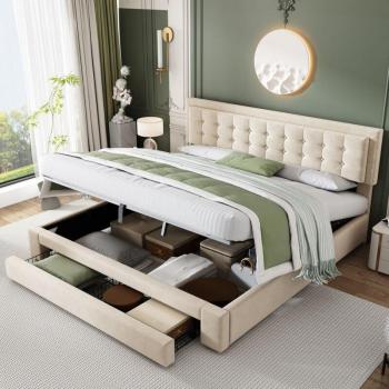 Double Redom 160 × 200 cm – Lit coffre tiroirs, sommier lattes, velours beige