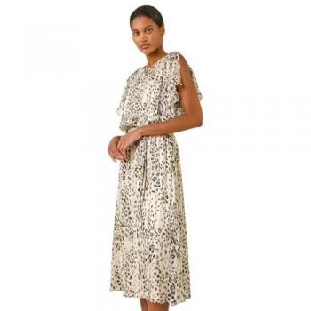 Robe Midi Imprimé Animal Naturel à Manches Découpées