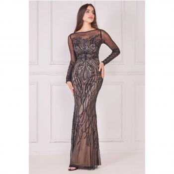 Goddiva Long Sleeve Sequin Flame Maxi Dress
