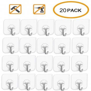 20Pcs Clear Self-Adhesive Hooks Waterproof Oilproof Reusable Seamless for Kitchen and Bathroom