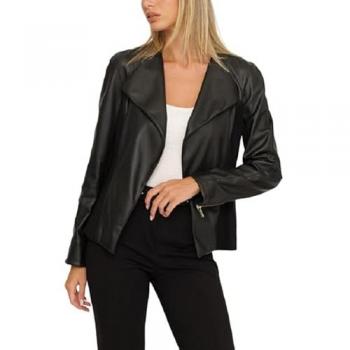 2XL Black Faux Leather Blazer with Pointed Lapels for Women