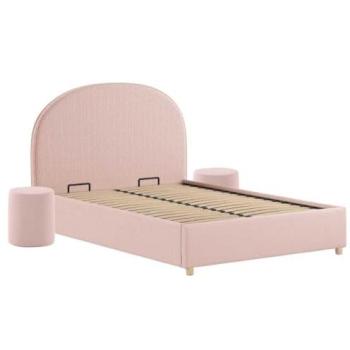 Pack Cocooning Lit Coffre 140x200cm + 2 Poufs Bouclés Rose
