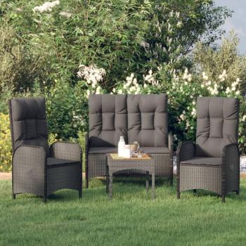 Set da Pranzo da Giardino 3 pz Nero con Cuscini in Polyrattan