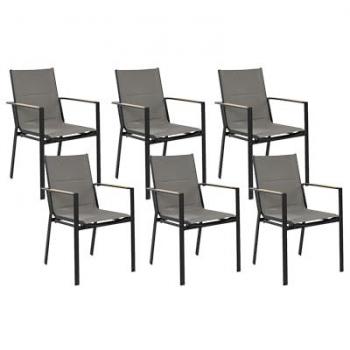 Gartenstuhl Set 6er Schwarz Aluminium mit Kissen Grau Holzoptik