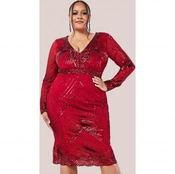 Plus Size Red Scalloped Hem Starburst Midi Dress