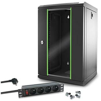 Coffret Compact Réseau 10 9U – Multiprise 4 prises et baie de brassage à porte vitrée (noir)