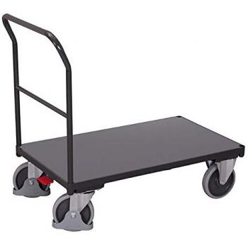 Chariot de manutention en acier/MDF, couleur anthracite/gris foncé, L 1030 x B 700 mm, avec barre transversale, roulettes TPE EasySTOP, capacité maximale 500 kg