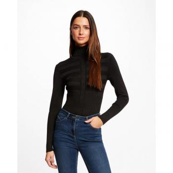 Pull femme noir brillant à col haut – design Morgan Mentosa – manches longues, tailleur serré