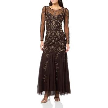Papell Studio Brown Beaded Dress – Long Sleeves, Size 10