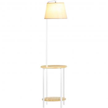 HOMCOM Lampe sur pied lampadaire salon avec abat-jour en tissu 2 étagères rondes en bois interrupteur au pied hauteur 162 cm blanc