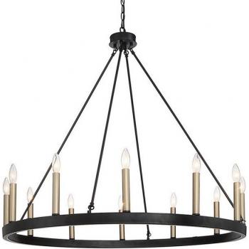 Rustic 12-Light Waggon Wheel Chandelier in Black/Brass