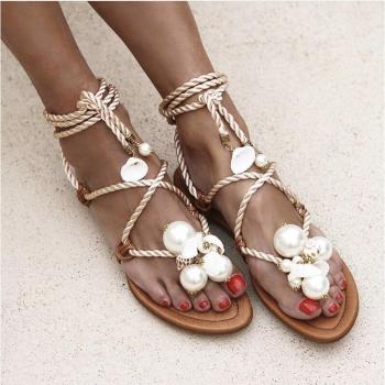 Roman Style Pearl Flat Sandals for Women