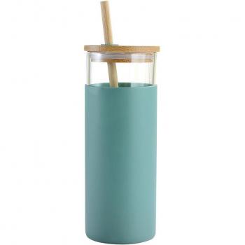 Botella de agua de vidrio con funda de silicona 450ml y tapa de bambú