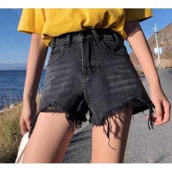 Pantalones cortos de verano para mujer, estilo denim, cintura alta, en azul y negro, con borlas