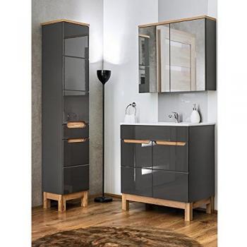 Badmöbel Set 3-teilig SOLNA-56, Hochglanz grau, 60 cm Keramik-Waschtisch, inkl. Standfüßen