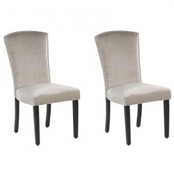 Set of 2 High Back Grey Velvet Dining Chairs with Silver Nailhead Detail
