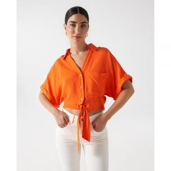 Top Jeans Mujer con Detalle de Lazo y Manga Corta