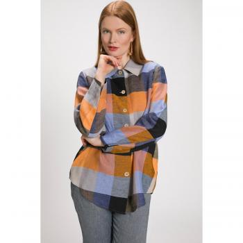Plus Size Long Sleeve Check Blouse, Button Front, Linen, Brown, Women, Size 32/34