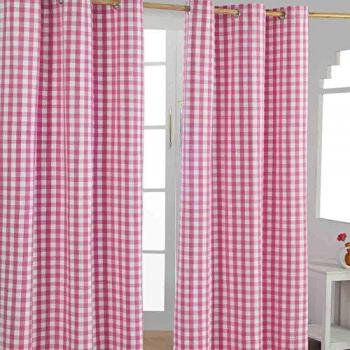 Cotton Pink Block Check Gingham Eyelet Curtains Pair 117 x 137 cm