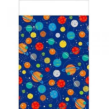 Amscan Tischdecke Weltall, 1 Stück, 137 x 243 cm, Kunststoff, wasserabweisend, Blau, mehrfarbige Motive