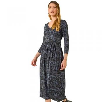 Romantisches Grau Floral‑Print-Midi­Kleid mit Ruched-Details – Stretch-Fabric, Größe EU 40 (UK 12)