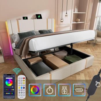 Lit Double avec Rangement et Chargeur USB Type C, Contrôle via App
