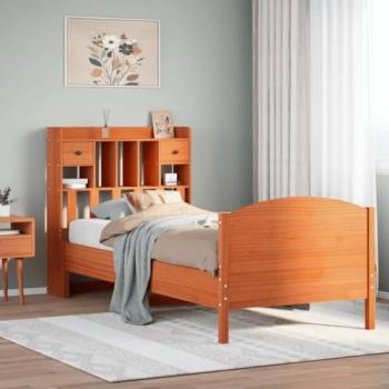 Wachsbraun Massivholzbett 90 × 200 cm – Bettgestell mit Stauraumregal, ohne Matratze