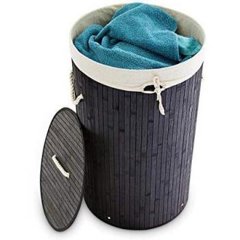 Wäschekorb Bambus, faltbare Wäschetonne mit Deckel, Volumen 70 l, Wäschesack Baumwolle, rund ø 41 cm, schwarz