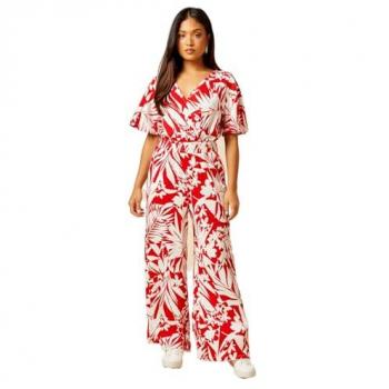 Women's 12 Palm Print Wrap Front Jumpsuit – Red