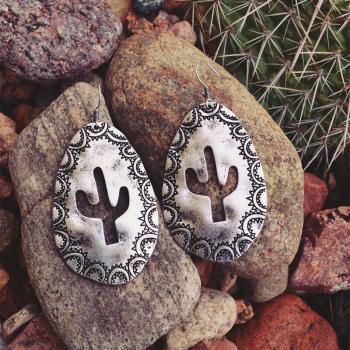 Vintage Cow Tag Earrings with Cactus and Flower Engraving
