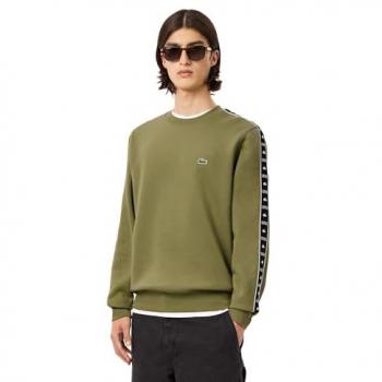 Sudadera Lacoste con Raya y Logo en Verde Caqui