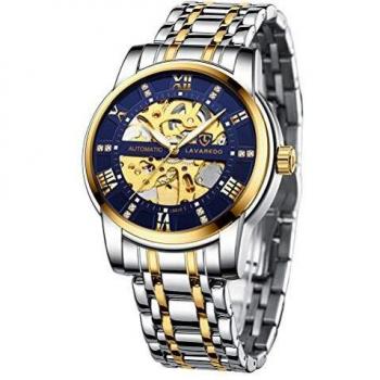Herren Armbanduhr Automatikuhr Skelett Glasboden Römische Zahlen Diamant Zifferblatt Wasserdicht Gold Blau Edelstahl
