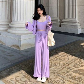 Vêtements de nuit femme, pyjama trois pièces violet et gris, cardigan inclus